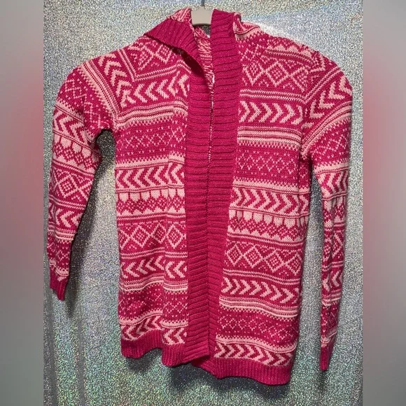 Girl’s Pink and White Patterned Hooded Cardigan - Picture 2 of 4